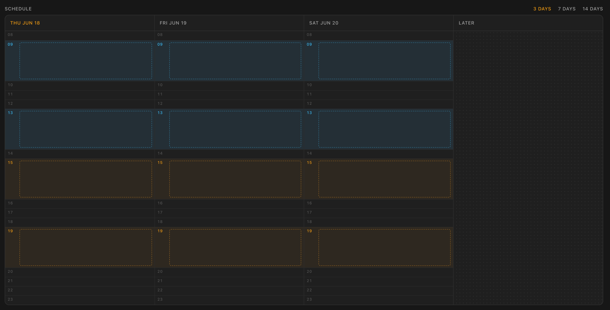 The Scheduler board with peak-window strips, Overdue, and Later