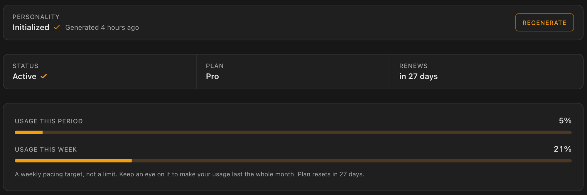 Subscription status, usage meters, and top-up options