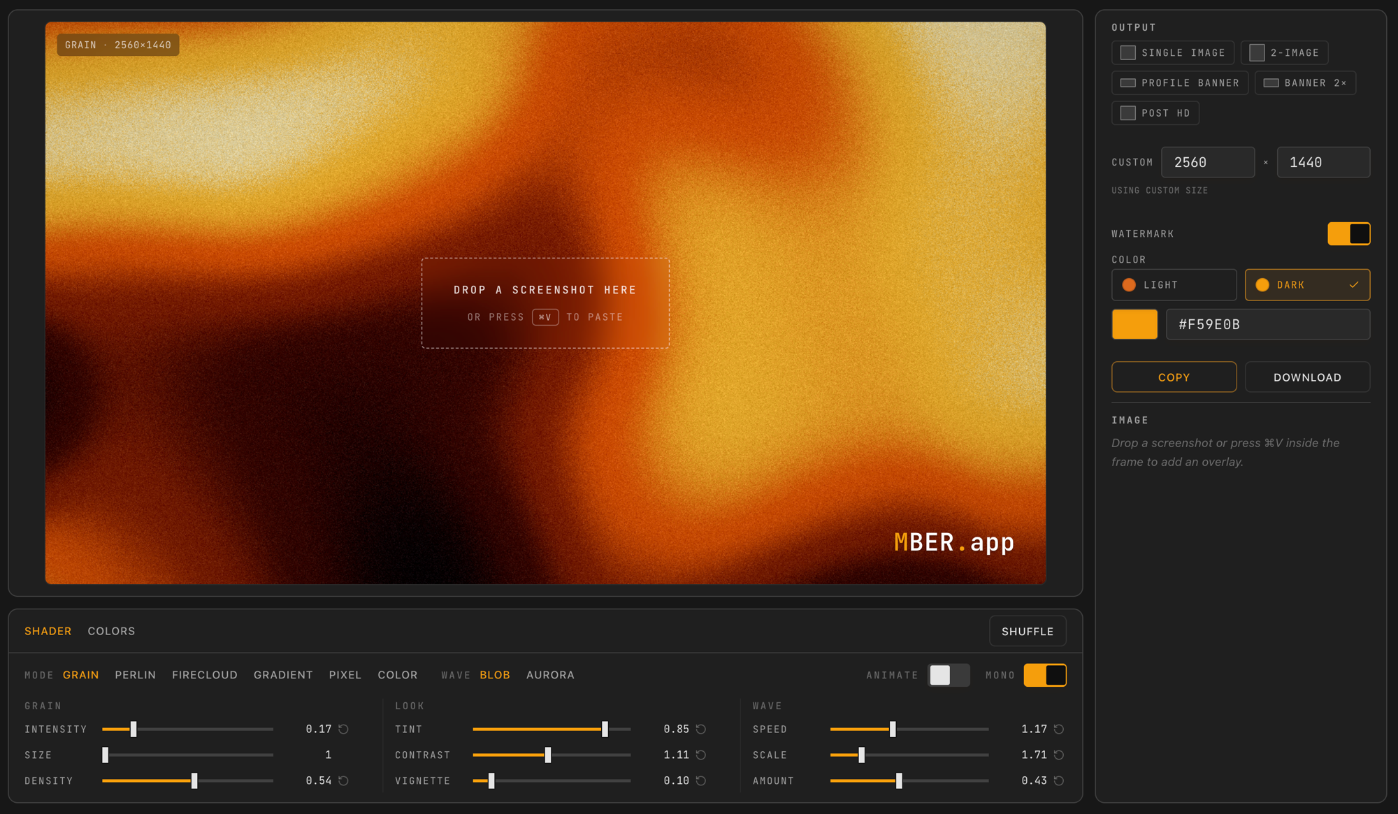The Frame editor with canvas panel, shader settings, and output settings