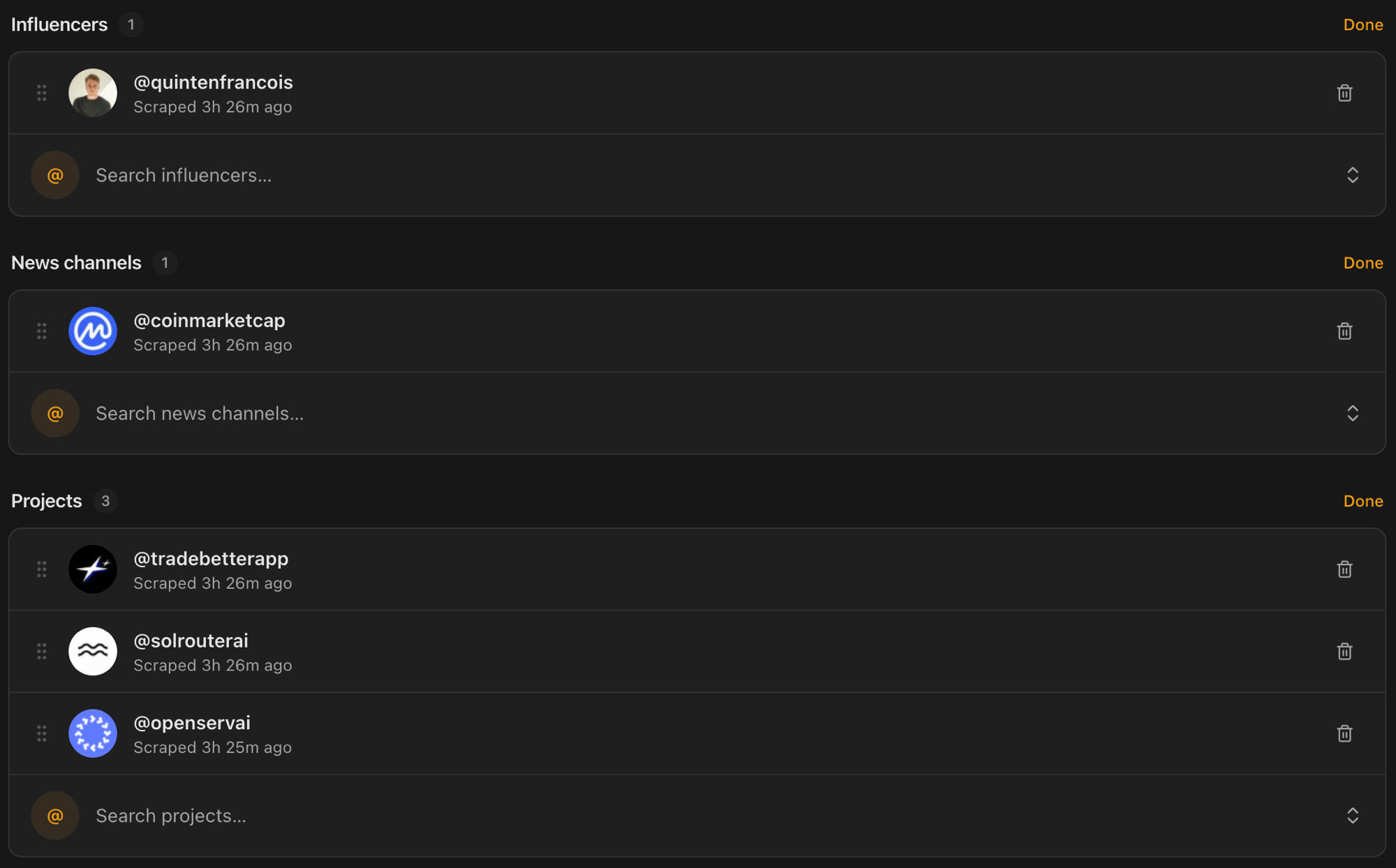 The Handles page with Influencers, News channels, and Projects sections