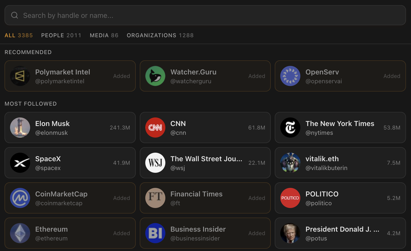 The Picker with recommended and most-followed accounts