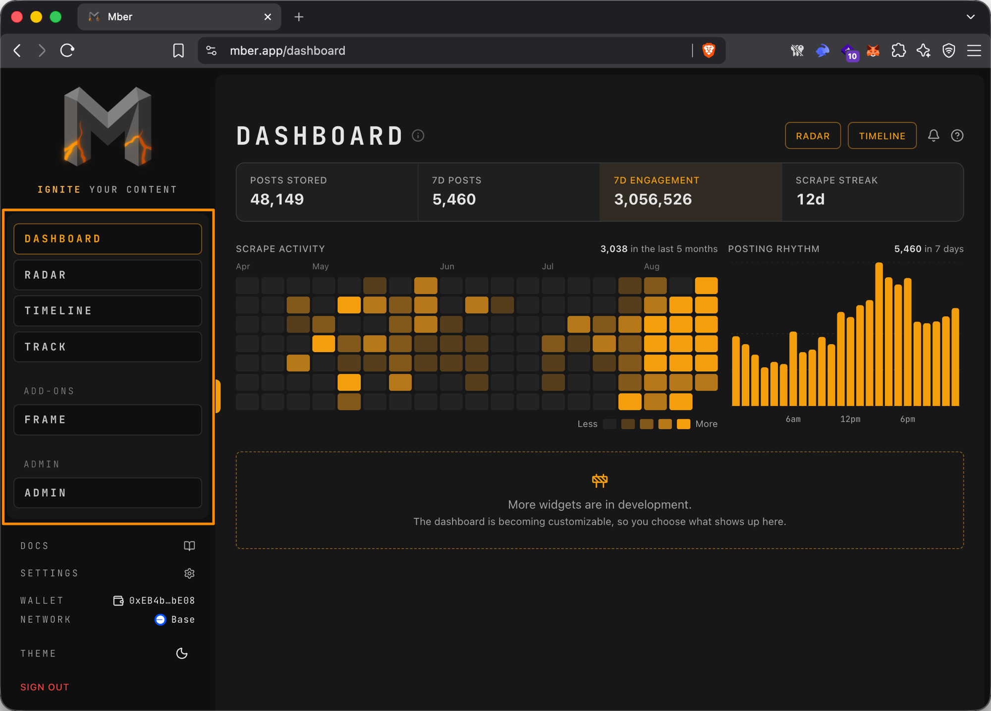 The MBER app with the sidebar highlighted: Dashboard, Stories, Timeline, Track, and Frame