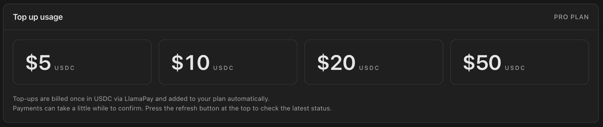 Top-up usage options: $5, $10, $20, and $50 USDC